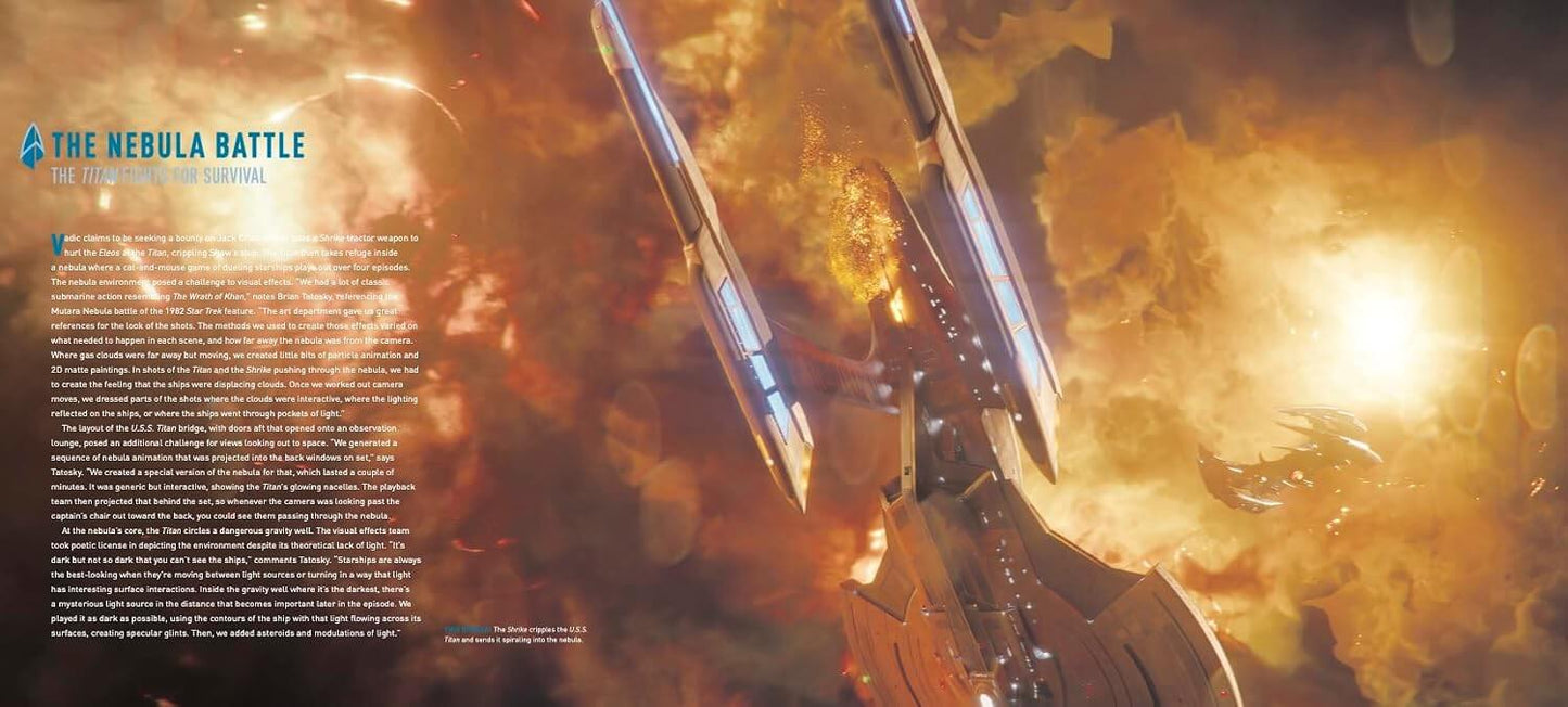 Space battle scene with two futuristic ships in a nebula, text on the left