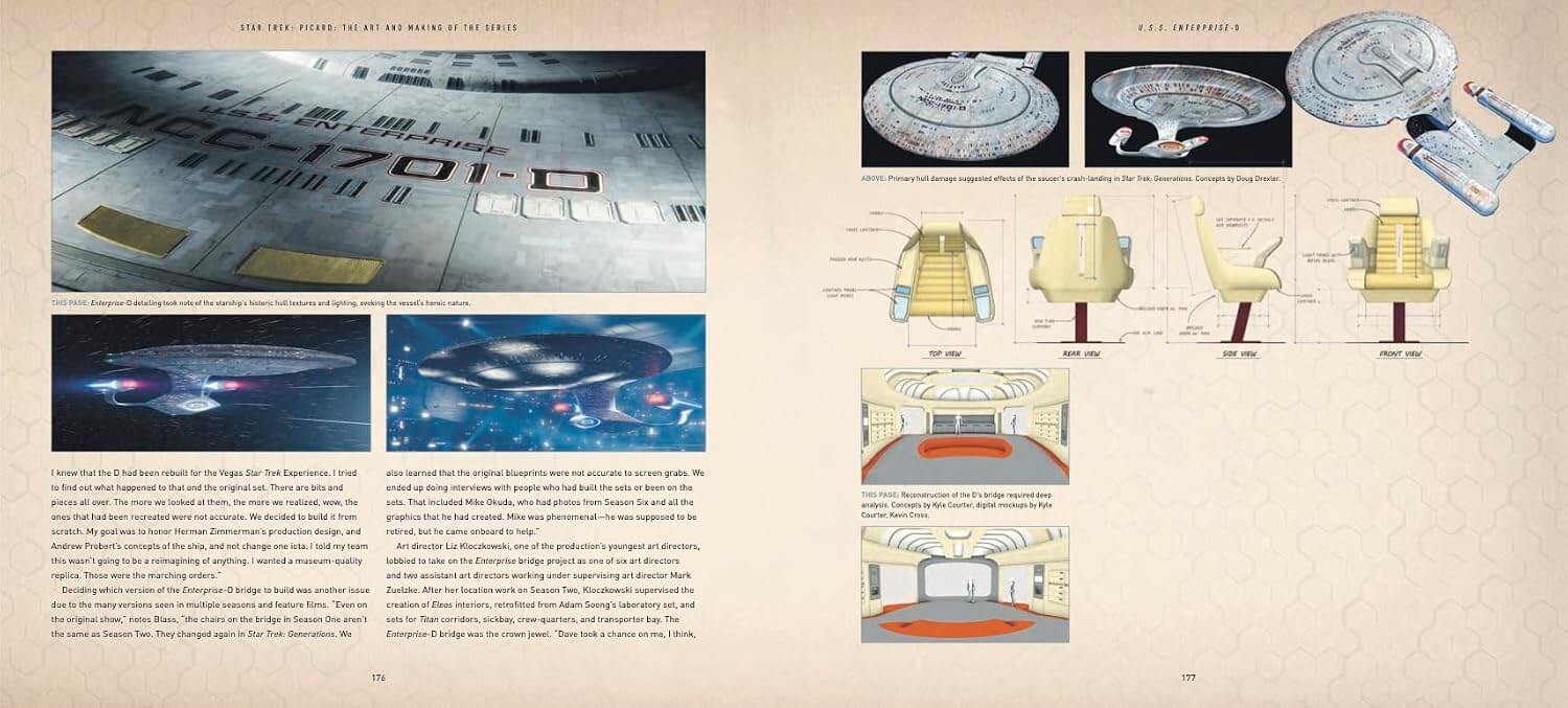 An open book spread showing printed pages with Star Trek-themed artwork, including the Enterprise exterior, interior schematics, and small sci-fi scene photos on a beige background.