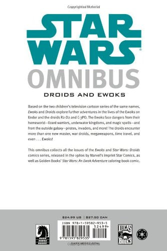 Back cover of the Star Wars Omnibus Droids and Ewoks paperback book, featuring the title in large teal and gray lettering on a white background, with product description text and barcode information at the bottom.