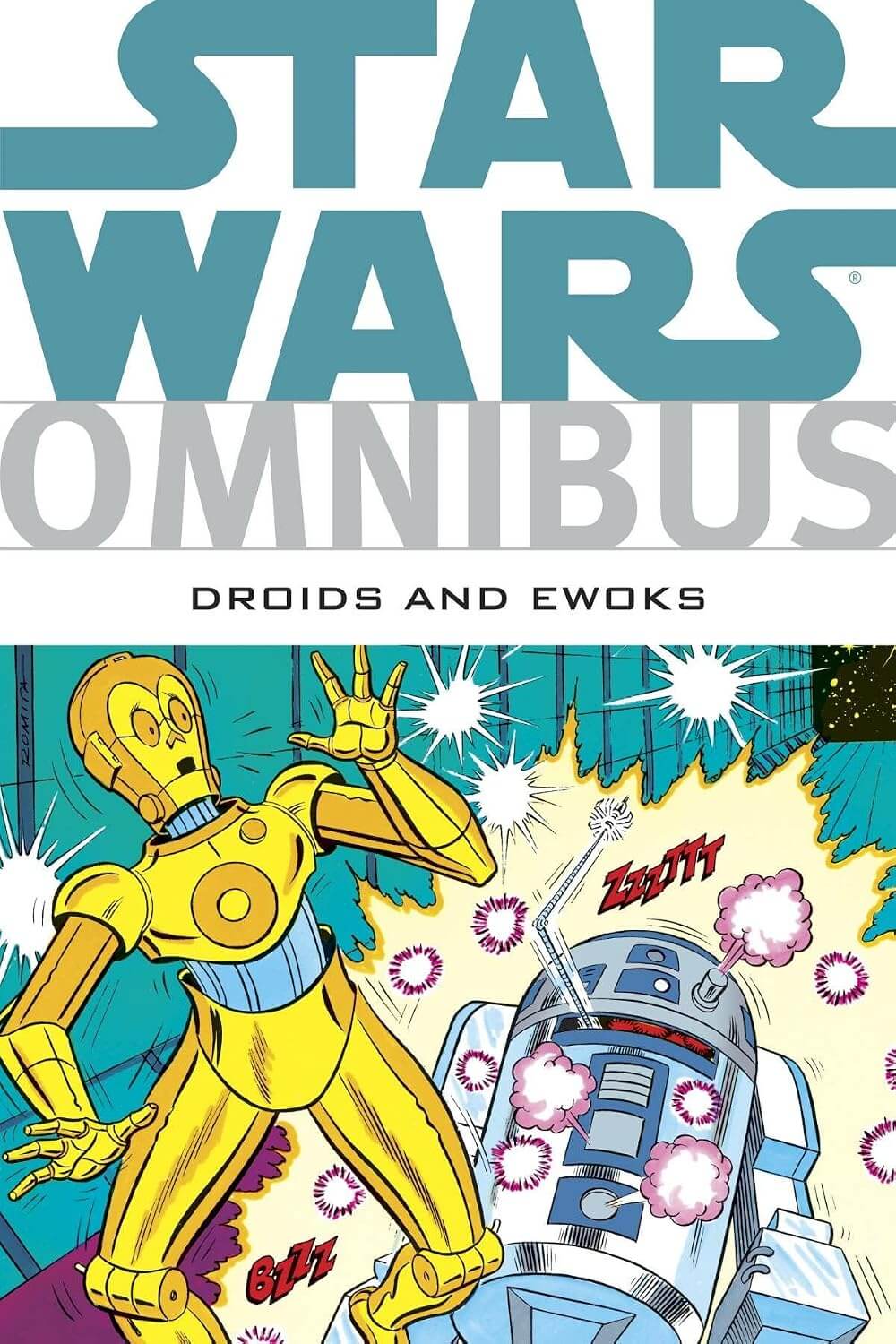 Star Wars Omnibus: Droids and Ewoks book cover featuring a comic-style illustration of C-3PO and R2-D2 in an action scene, with the Star Wars title in large teal letters at the top.