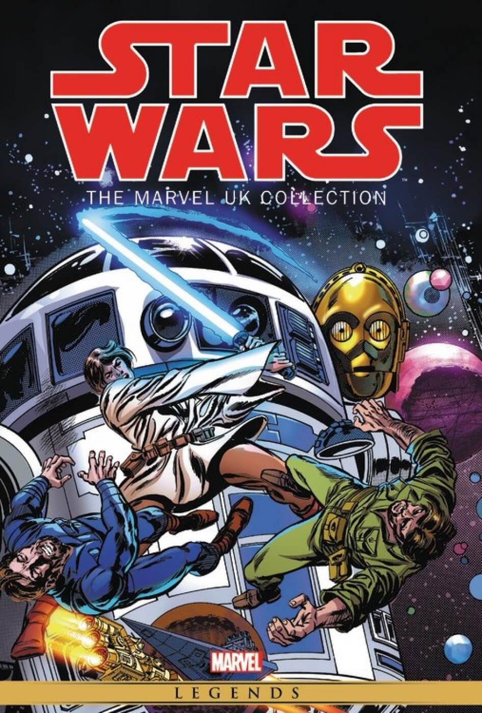 Star Wars: The Marvel UK Collection graphic novel cover featuring Luke Skywalker with a blue lightsaber, C-3PO, and R2-D2 in space, with the Star Wars logo at the top and Marvel Legends branding at the bottom.