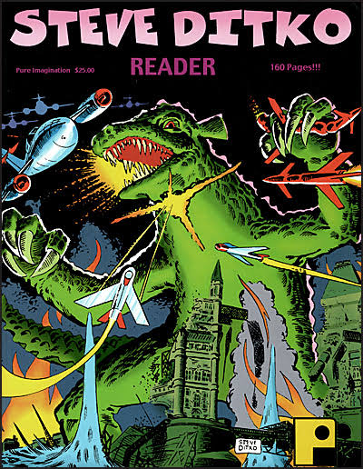 Cover of 'Steve Ditko Reader Vol 1 TP' featuring a colorful illustration of a dinosaur with a spaceship in the background, indicative of a science fiction theme.