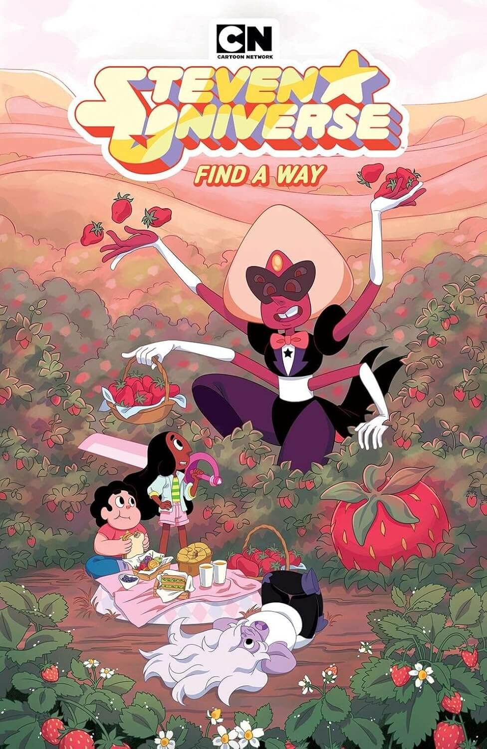 Comic book cover for Steven Universe: Find a Way, featuring characters in a strawberry field with the Cartoon Network logo at the top.
