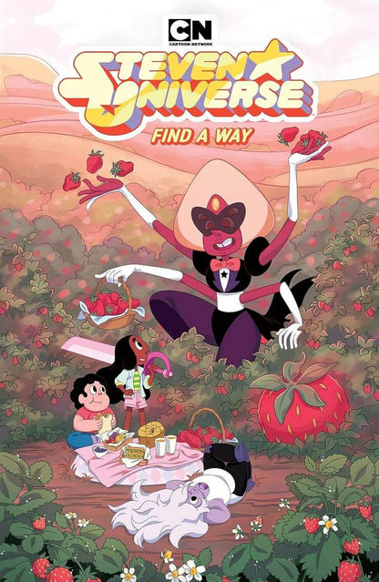 Comic book cover for Steven Universe: Find a Way, featuring characters in a strawberry field with the Cartoon Network logo at the top.