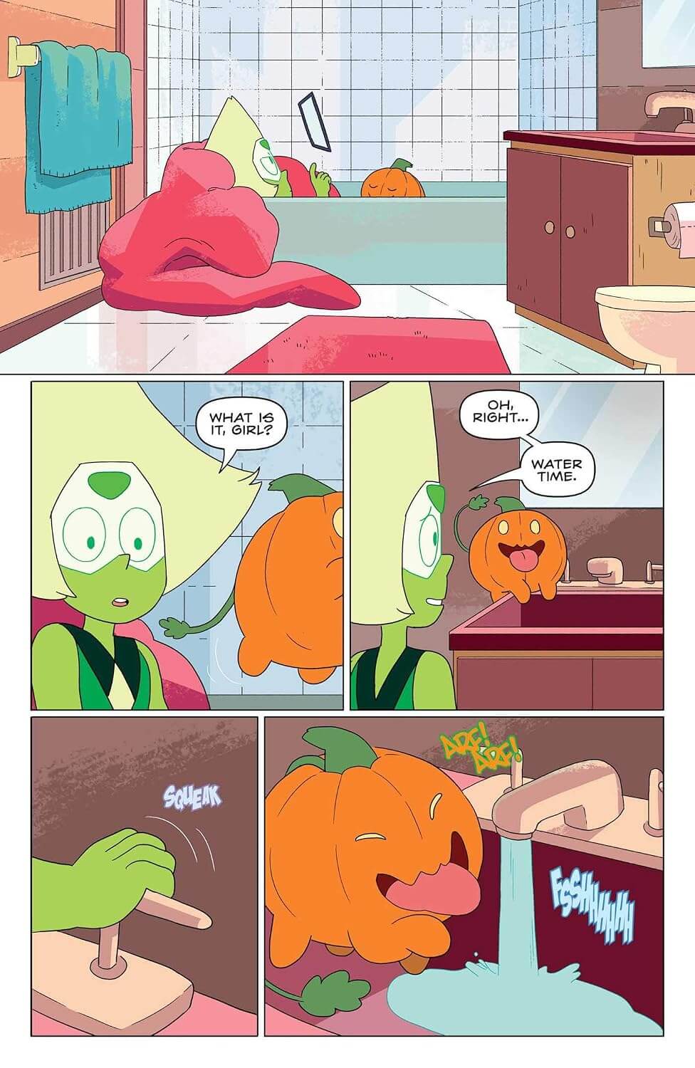 Comic strip of a green alien character interacting with a pumpkin in a bathroom.