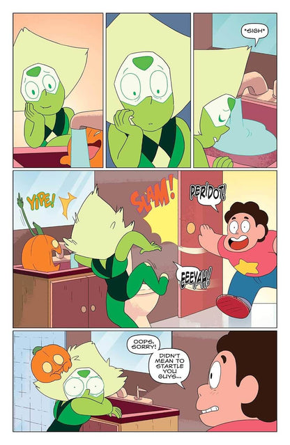 A four-panel comic strip featuring a green cartoon character in a bathroom and bedroom scene, with expressive faces, speech bubbles, and colorful room details.