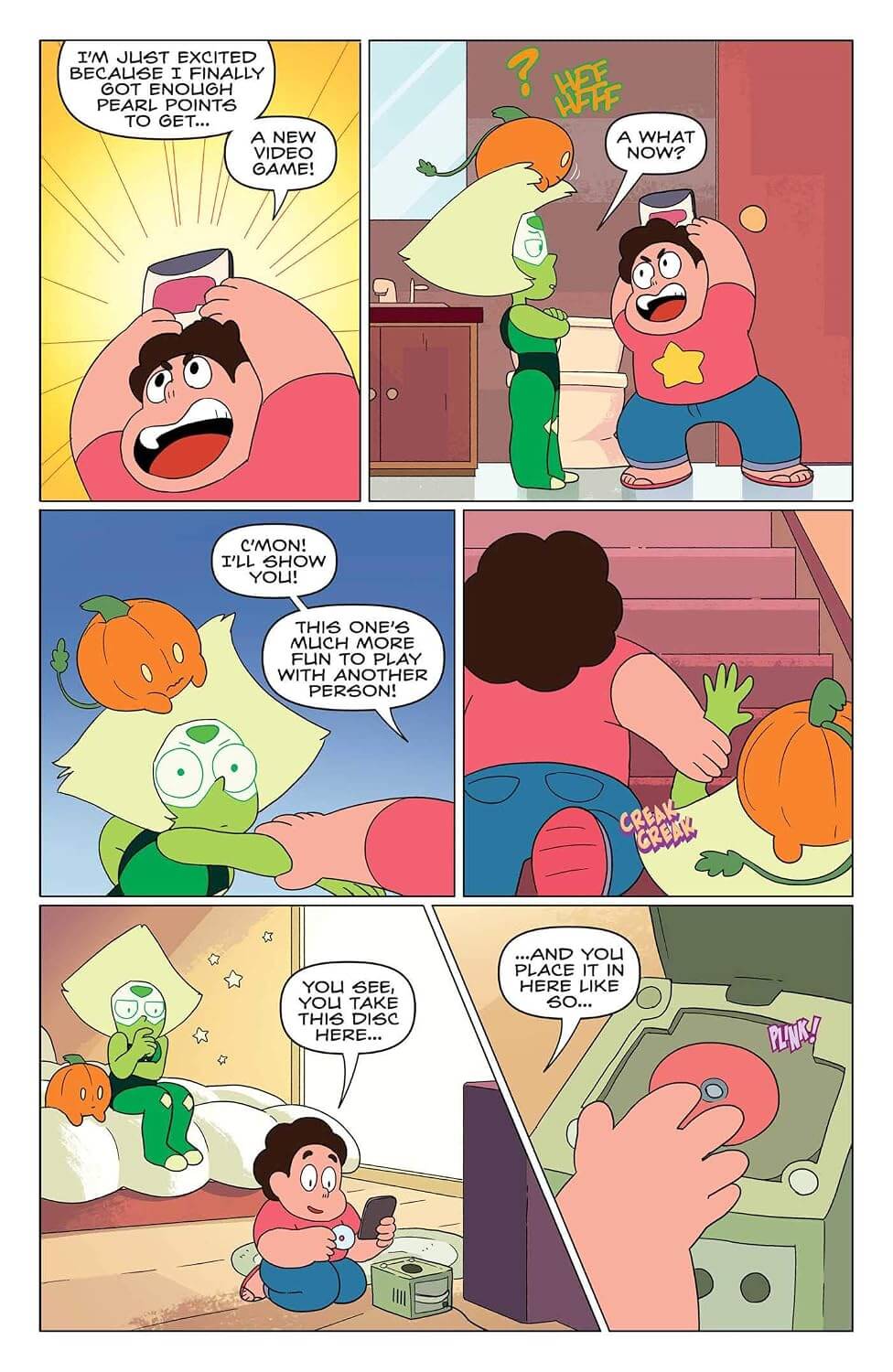 Comic page with animated characters interacting with pumpkins and a game console.