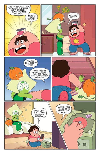 Comic page with animated characters interacting with pumpkins and a game console.