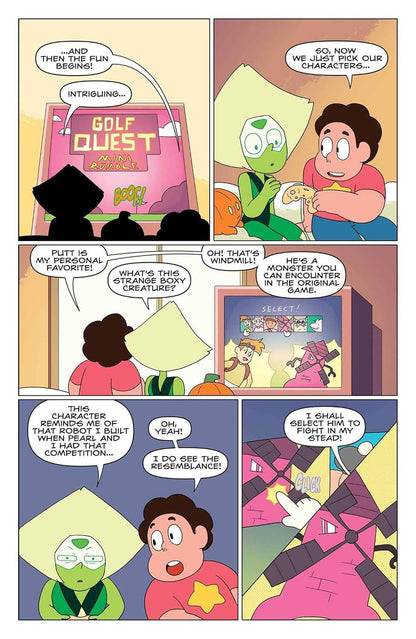 A six-panel comic strip page featuring cartoon characters in a colorful scene with speech bubbles and a pink 'Golf Quest' sign.