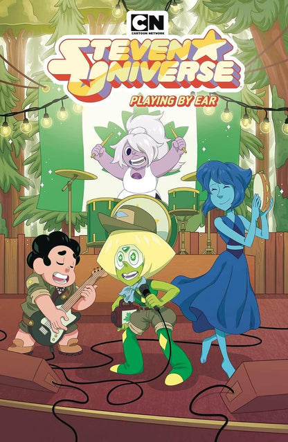 Steven Universe: Playing by Ear comic book cover art featuring characters Steven, Peridot, Lapis, and a white character performing live music on stage in a forest setting, with the CN and Steven Universe logos at the top.