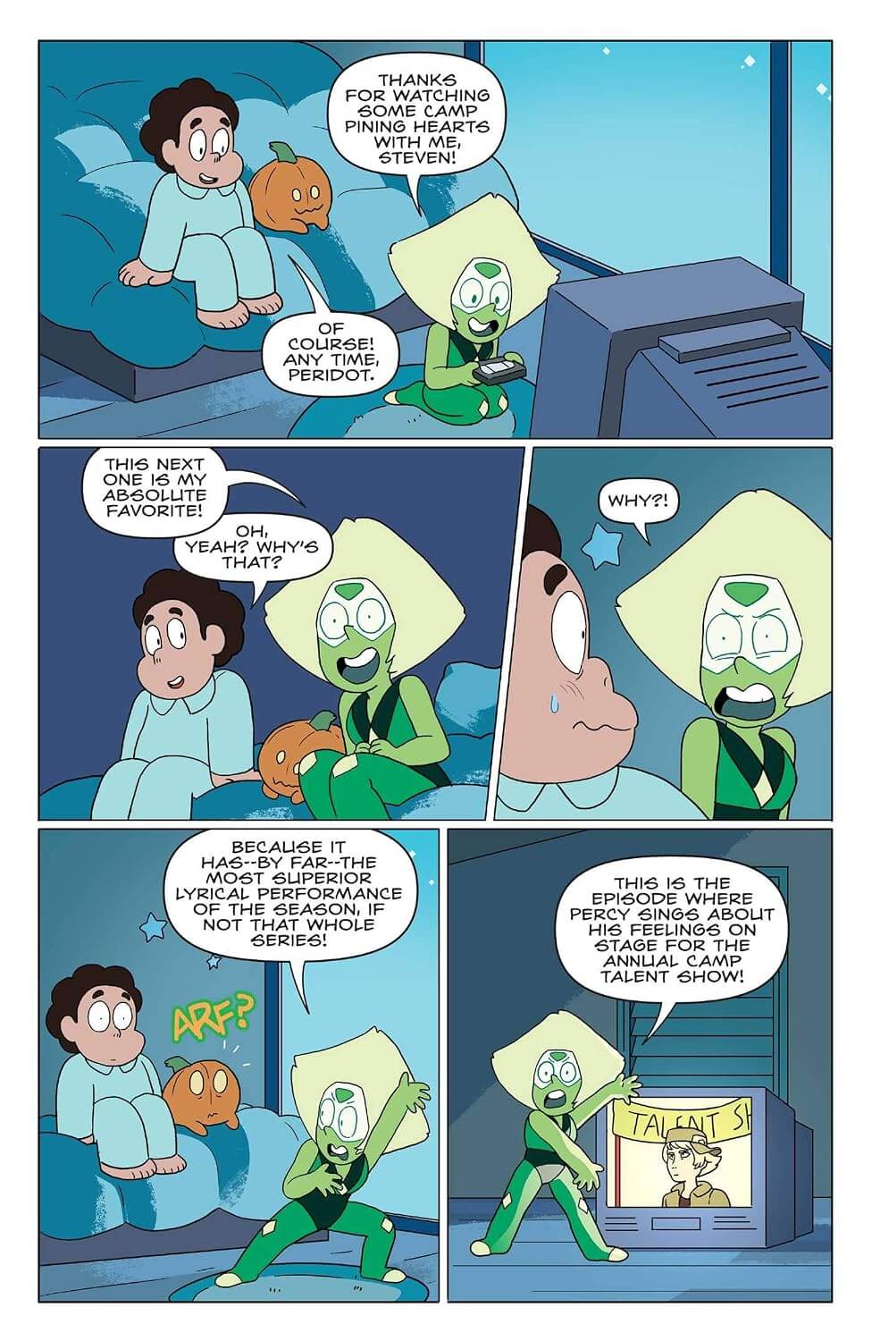 Comic strip with a green alien character interacting with a child in a bedroom setting.