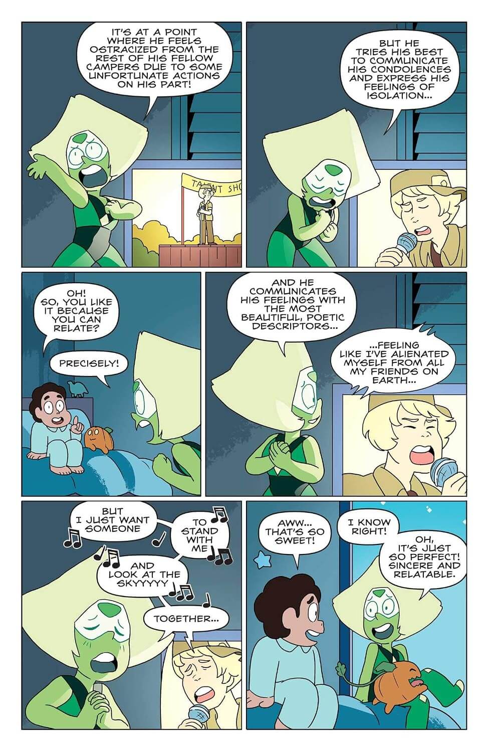 A comic-style illustrated page with multiple panels showing two green cartoon characters and a blonde woman in a bedroom scene, with speech bubbles and musical notes.