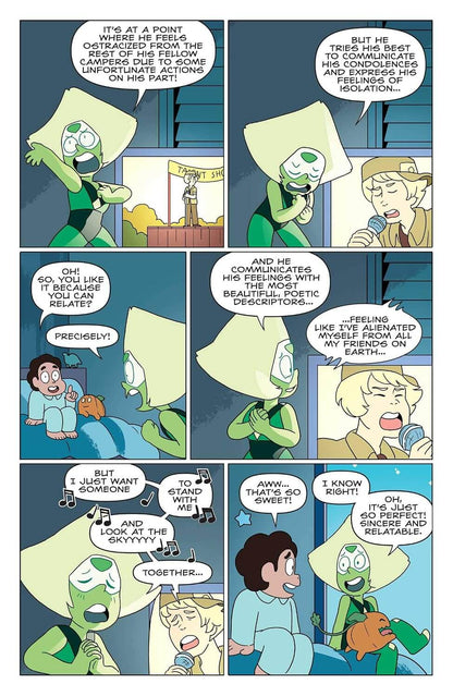 A comic-style illustrated page with multiple panels showing two green cartoon characters and a blonde woman in a bedroom scene, with speech bubbles and musical notes.