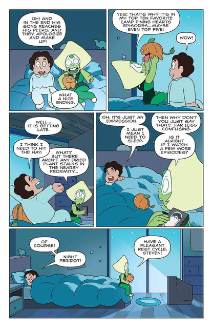 A six-panel comic strip page featuring animated characters in a bedroom scene, with speech bubbles and blue-toned lighting. The characters appear to be from an animated series, shown in a panel layout rather than as a single real-life photo.