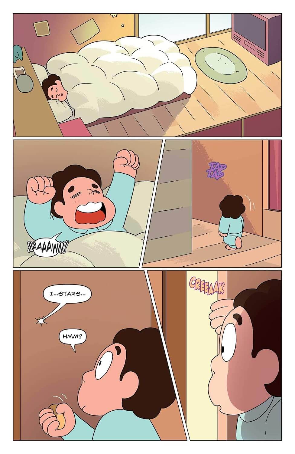 Comic strip of a child waking up and reacting to something on a screen.