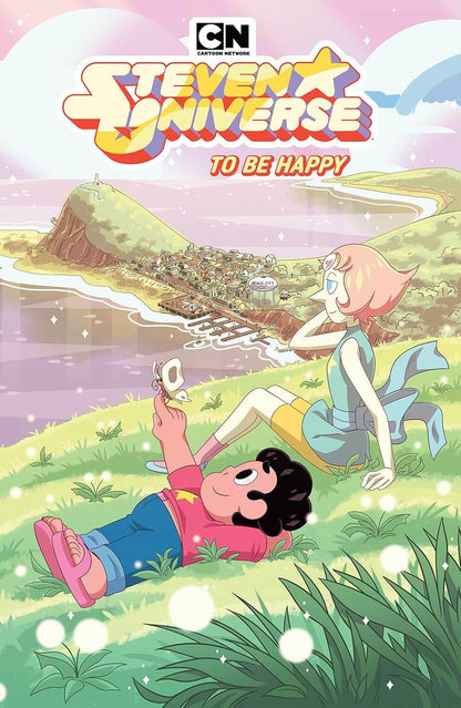 Cover of 'Steven Universe: To Be Happy' with two characters lying on grass near a town.
