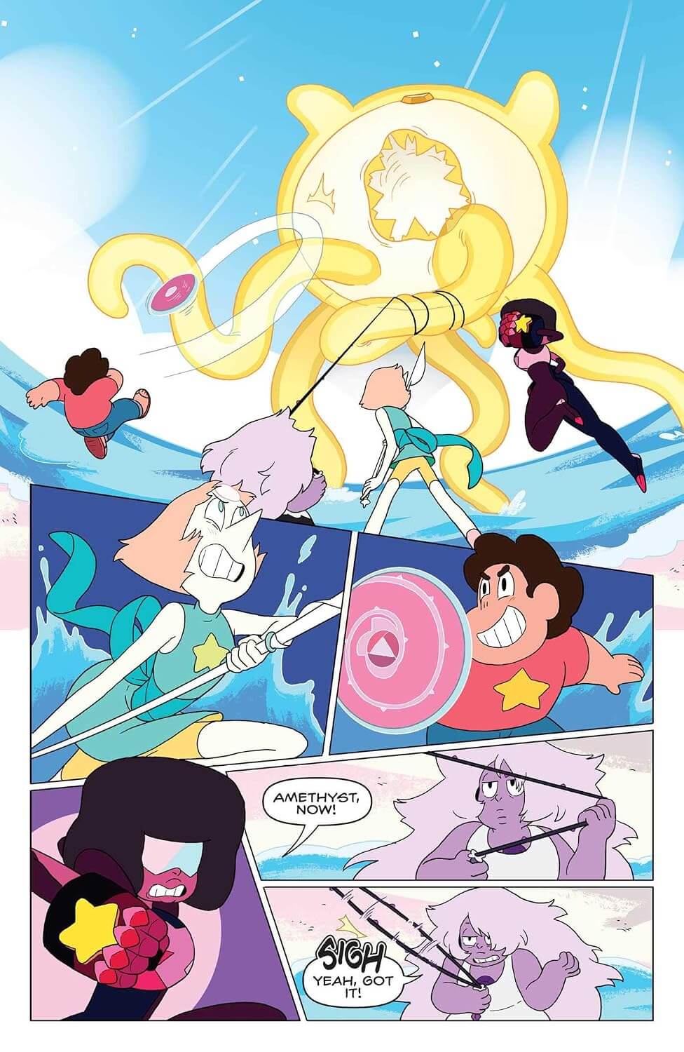 A comic-style illustration panel sequence featuring cartoon characters in an action scene, with a large yellow sun-like figure, blue water, and multiple inset panels showing expressions and dialogue.