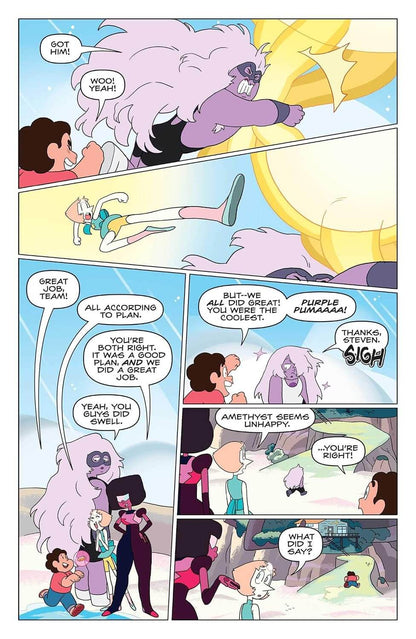 A comic book page featuring multiple panels with cartoon characters in a fantasy scene. The page includes speech bubbles and text such as 'GOT HIM!', 'WOOH YEAH!', and dialogue about running and amethyst.