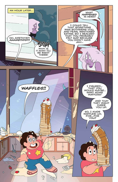 A comic-style illustration with multiple panels showing a bedroom scene. A pink-haired character stands in a doorway while another character in a red shirt and blue pants stands in the room holding a tall stack of waffles.