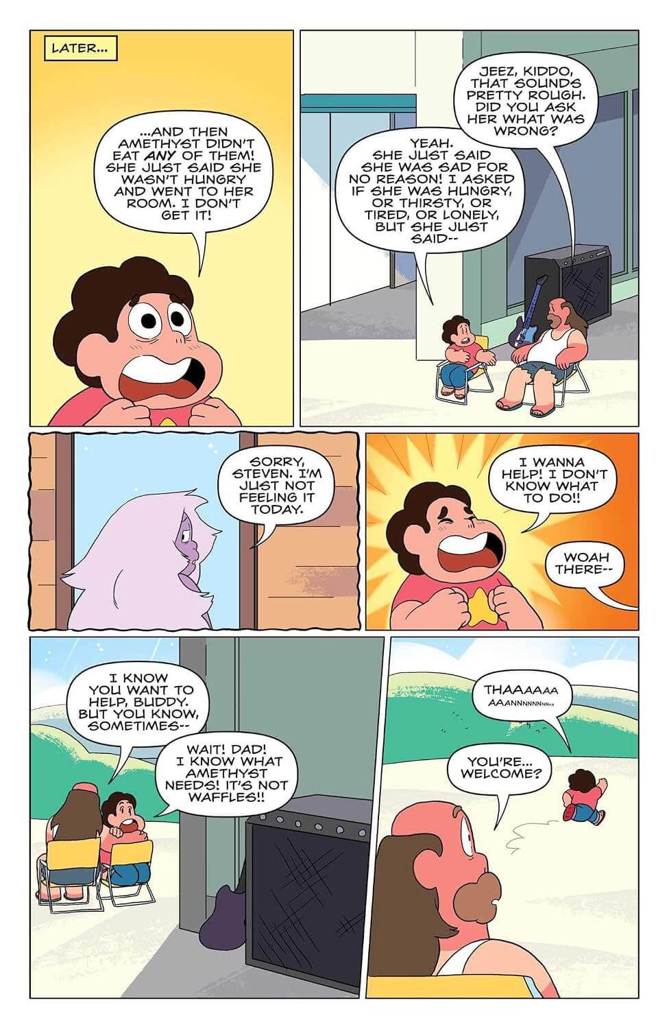 A six-panel comic strip featuring cartoon characters in a kitchen and dining area, with speech bubbles and expressive faces. The panels show a character with curly dark hair talking to others, including a woman sitting on a chair and a child at a table.