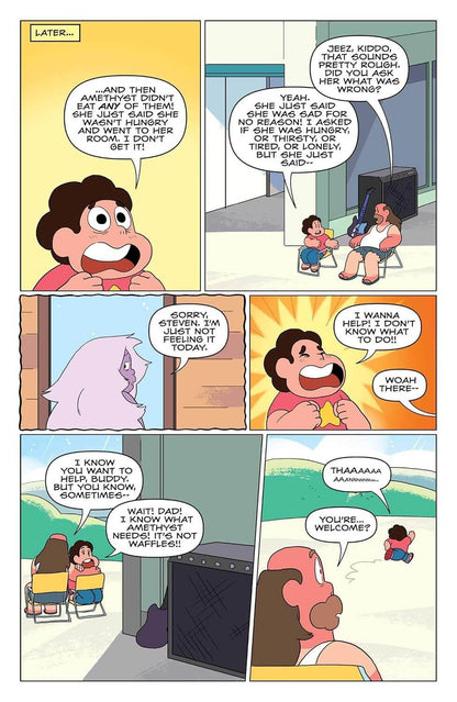A six-panel comic strip featuring cartoon characters in a kitchen and dining area, with speech bubbles and expressive faces. The panels show a character with curly dark hair talking to others, including a woman sitting on a chair and a child at a table.