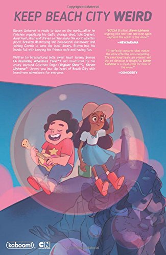 Back cover of the steven universe volume 2' published by Kaboom! and Cartoon Network. The top half is a pink text-heavy section with author Steven Universe's bio, accolades, and blurbs.