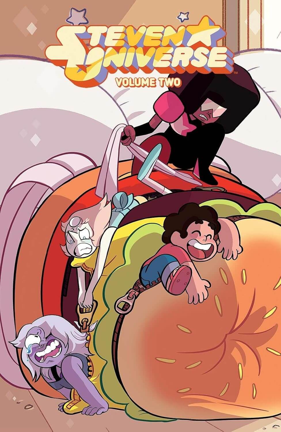 Comic book cover for Steven Universe Volume Two, featuring characters Steven, Garnet, Amethyst, and Jack from the anime series Steven Universe riding on a giant hamburger bun in a playful, cartoon-style illustration.
