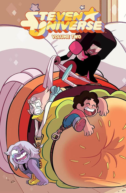 Comic book cover for Steven Universe Volume Two, featuring characters Steven, Garnet, Amethyst, and Jack from the anime series Steven Universe riding on a giant hamburger bun in a playful, cartoon-style illustration.
