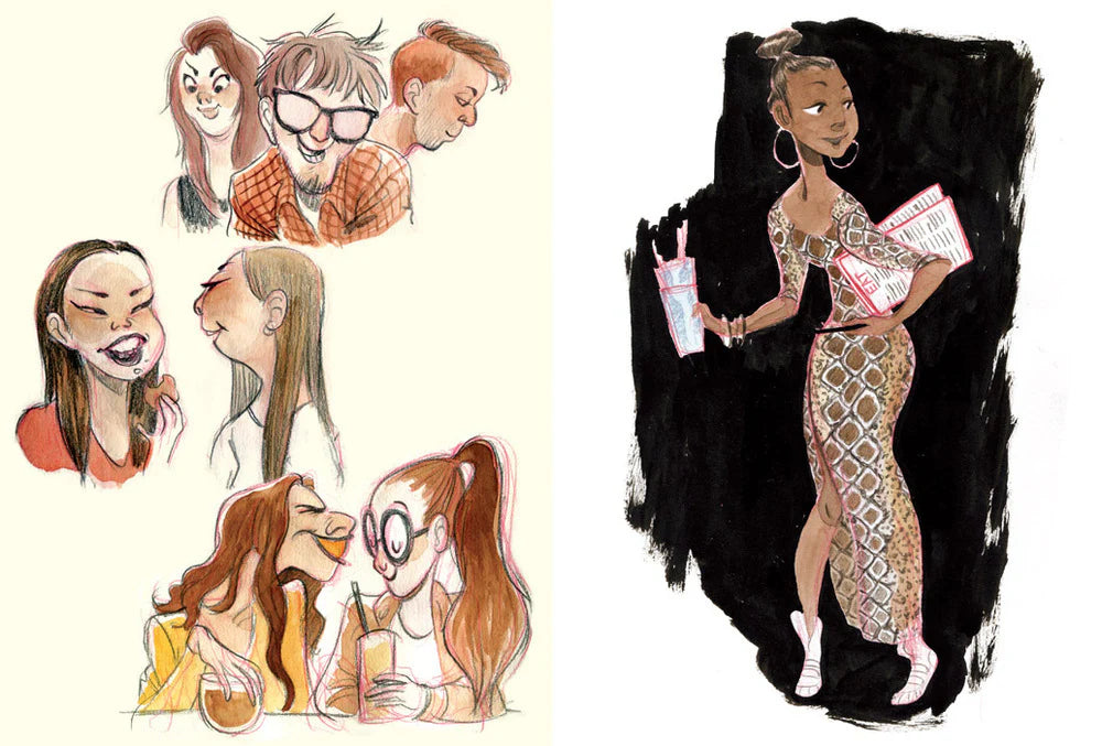 A collage of illustrated female characters, including several small sketch portraits on the left and a larger painted figure on the right wearing a patterned dress and holding a drink and magazine against a black brushstroke background.