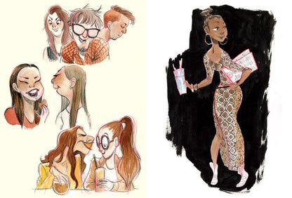 A collage of illustrated female characters, including several small sketch portraits on the left and a larger painted figure on the right wearing a patterned dress and holding a drink and magazine against a black brushstroke background.