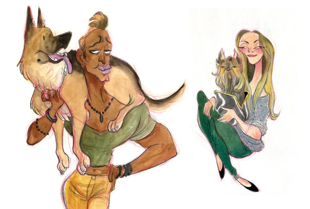 A watercolor-style illustration on a white background showing two human figures with dogs. The left figure has tan skin, a topknot, a green top, yellow pants, and carries a large tan dog.