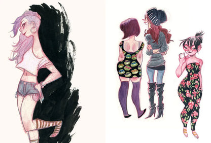 A set of fashion illustration sketches featuring four stylized women in different outfits, rendered in a hand-drawn watercolor and ink style on a plain white background.
