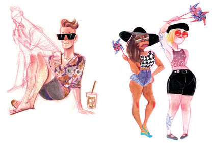 A watercolor illustration sheet featuring three stylized women in summer outfits, including sunglasses, hats, shorts, and pinwheels, on a plain white background.