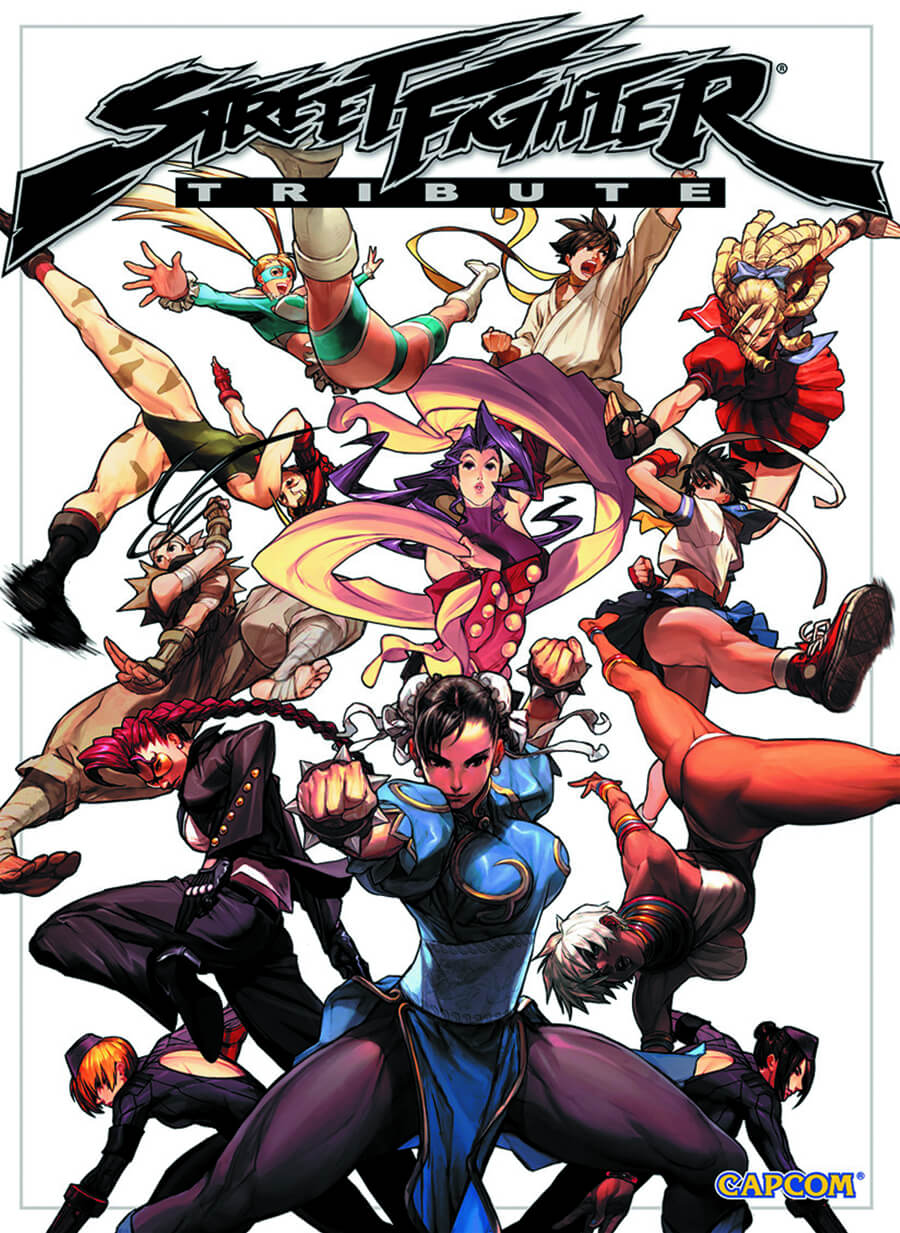 Street Fighter Tribute comic book cover featuring multiple Street Fighter characters in dynamic poses beneath the large Street Fighter logo, with a Capcom.com watermark in the bottom right corner.