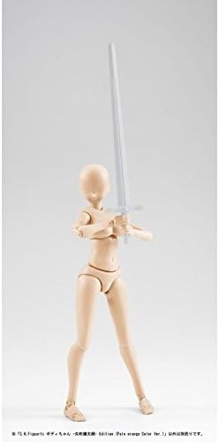 A beige articulated action figure posed with a long silver sword, photographed against a light gray studio background.