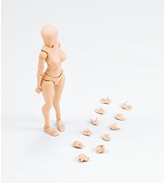 A nude plastic female action figure body with interchangeable hands, shown standing on a white background with several alternate hands arranged beside it.