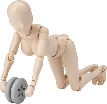 S.H.Figuarts Body-Chan action figure posed on knees using an exercise ab roller accessory.