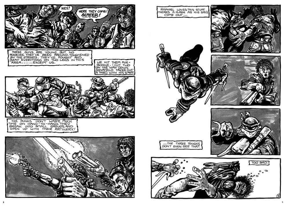 A black and white comic book page featuring multiple illustrated panels showing a dramatic action scene with armored figures, weapons, and speech bubbles on a white background.