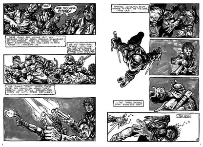 A black and white comic book page featuring multiple illustrated panels showing a dramatic action scene with armored figures, weapons, and speech bubbles on a white background.