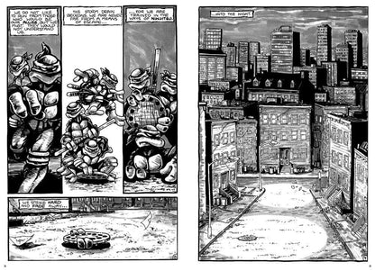 Comic book page with robot turtles and cityscape