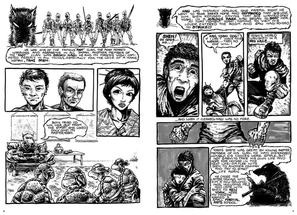 A black and white comic book page with multiple illustrated panels showing a dramatic scene, including a wolf-like figure, a group of people, close-up faces, and several characters in an indoor setting with speech bubbles.