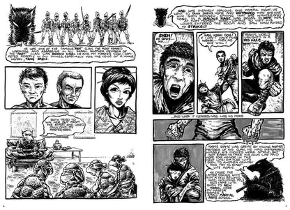 A black and white comic book page with multiple illustrated panels showing a dramatic scene, including a wolf-like figure, a group of people, close-up faces, and several characters in an indoor setting with speech bubbles.