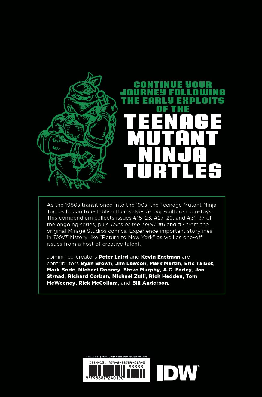 Back cover of a Teenage Mutant Ninja Turtles comic or book collection on a black background, with a green turtle silhouette, large white and green title text, a short synopsis box, and the IDW logo at the bottom.