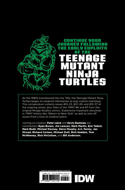 Back cover of a Teenage Mutant Ninja Turtles comic or book collection on a black background, with a green turtle silhouette, large white and green title text, a short synopsis box, and the IDW logo at the bottom.