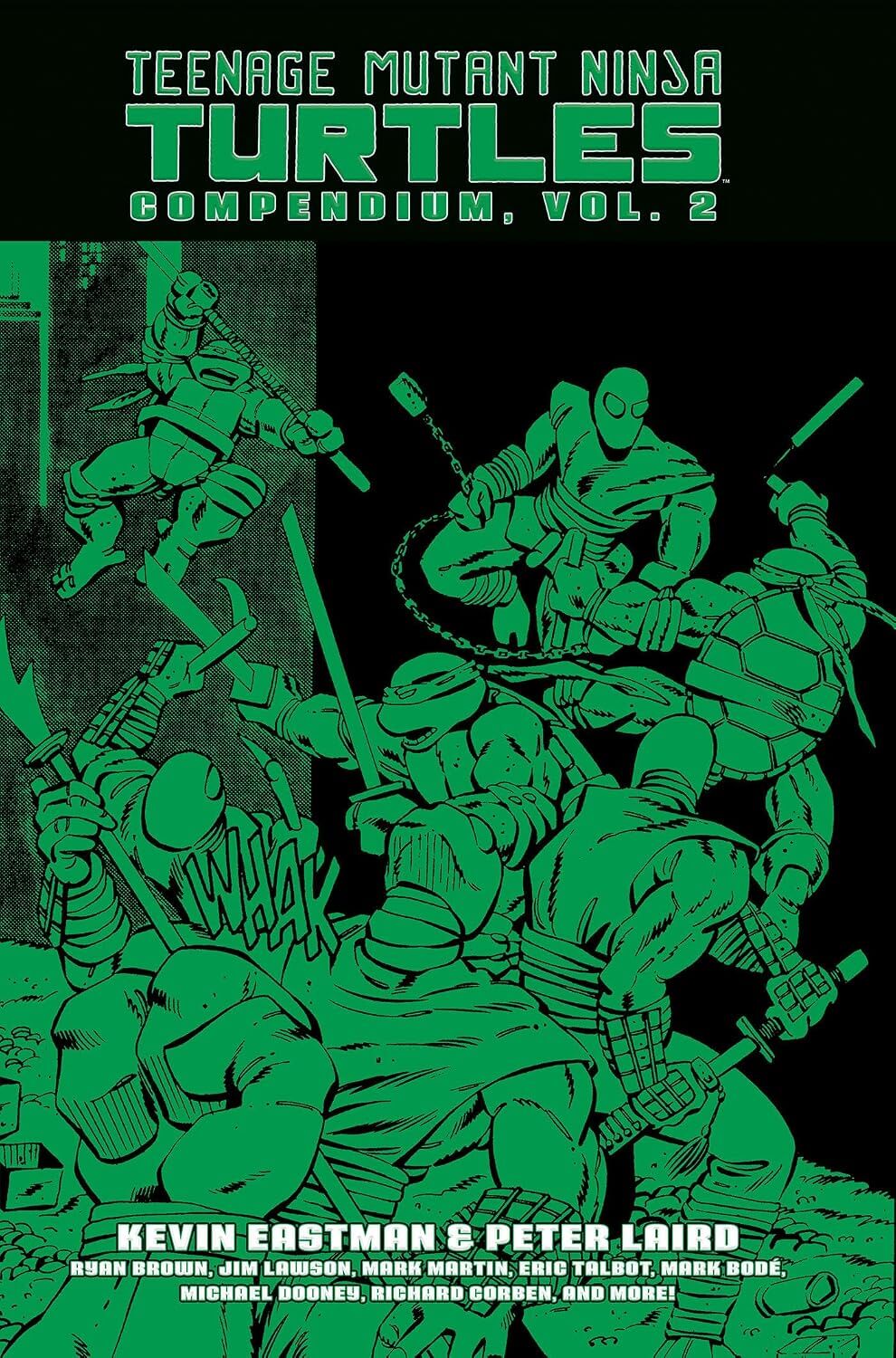 Front cover of the Teenage Mutant Ninja Turtles Compendium, Vol. 2 graphic novel, featuring a high-contrast green and black illustration of the four turtles in action poses with weapons.