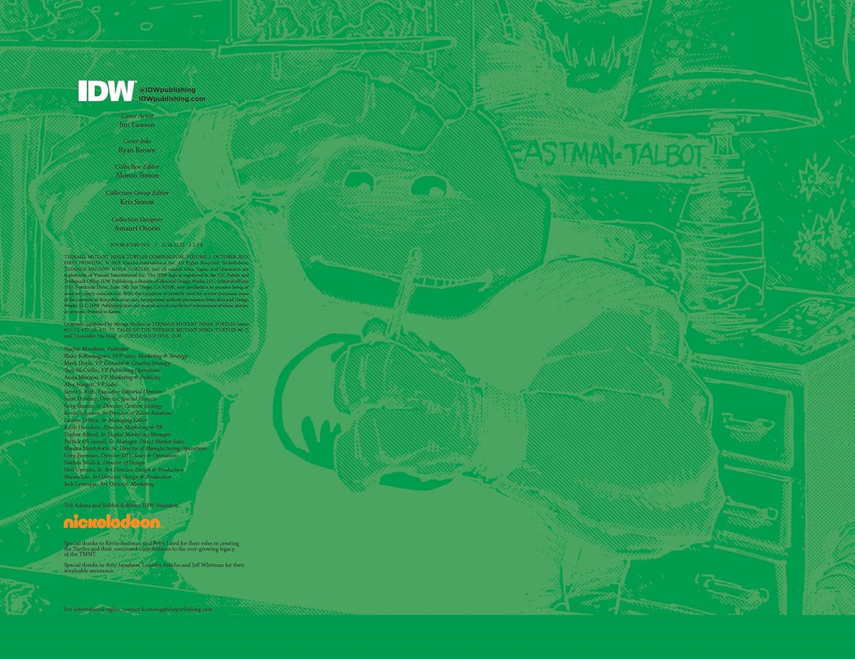 A green-toned printed poster or art print featuring a stylized Teenage Mutant Ninja Turtles illustration with visible character and scene details, plus visible 'IDW' and 'Nickelodeon' branding in the corners.