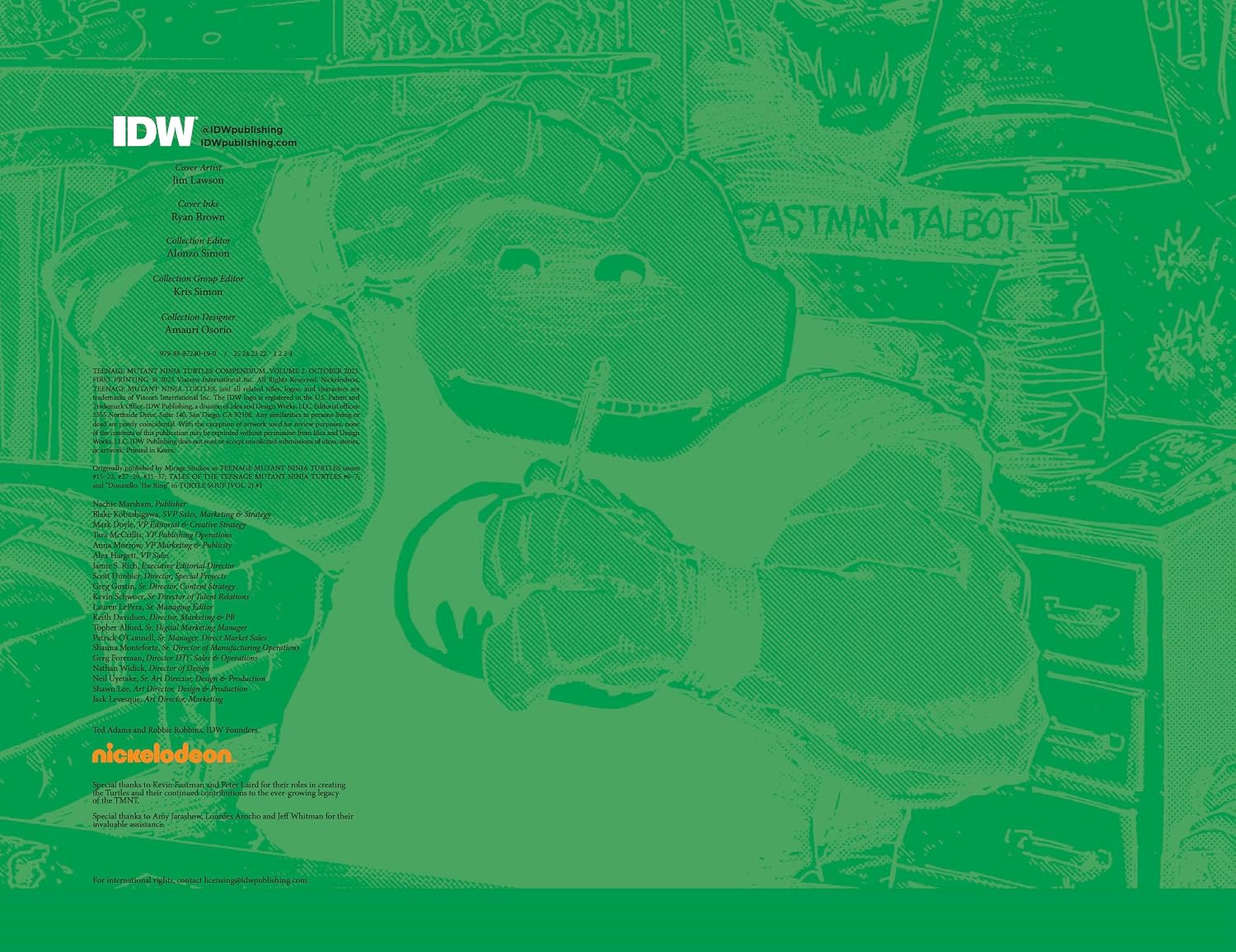 A green-toned printed poster or art print featuring a stylized Teenage Mutant Ninja Turtles illustration with visible character and scene details, plus visible 'IDW' and 'Nickelodeon' branding in the corners.