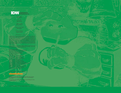 A green-toned printed poster or art print featuring a stylized Teenage Mutant Ninja Turtles illustration with visible character and scene details, plus visible 'IDW' and 'Nickelodeon' branding in the corners.