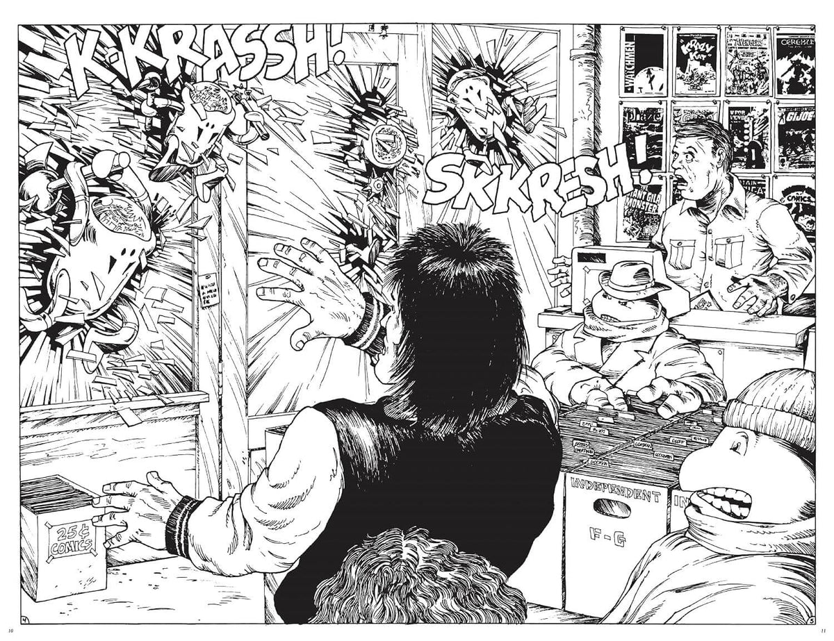 A black and white comic book style illustration showing a chaotic retail or shop interior with multiple people, sound effects text, and illustrated figures bursting through the window.