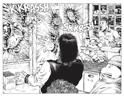 A black and white comic book style illustration showing a chaotic retail or shop interior with multiple people, sound effects text, and illustrated figures bursting through the window.
